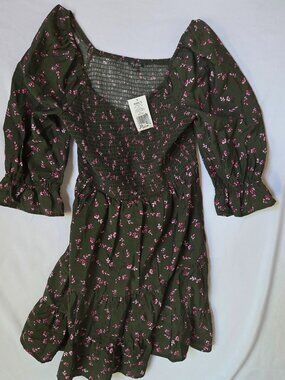 Ly Rose (Kohl's) Smocked Floral Mini Dress — Olive/Pink | Size M | NWT